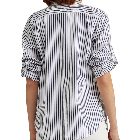 Lauren Ralph Lauren NWT White Cotton Navy Blue Striped Shirt Size Medium - Picture 15 of 16